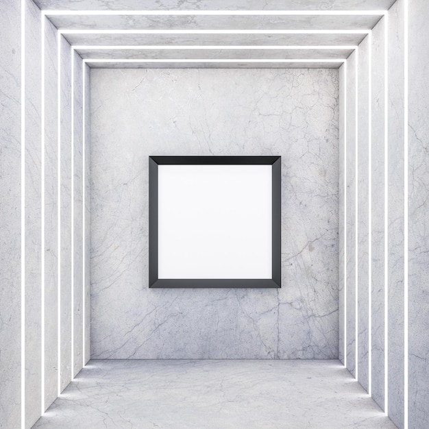 Квадратная черная рамка на бетонной стене со светлыми полосами, 3D-рендеринг