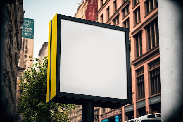 Foto mockup quadrato vuoto lightbox su palo nero sulla strada tra le case