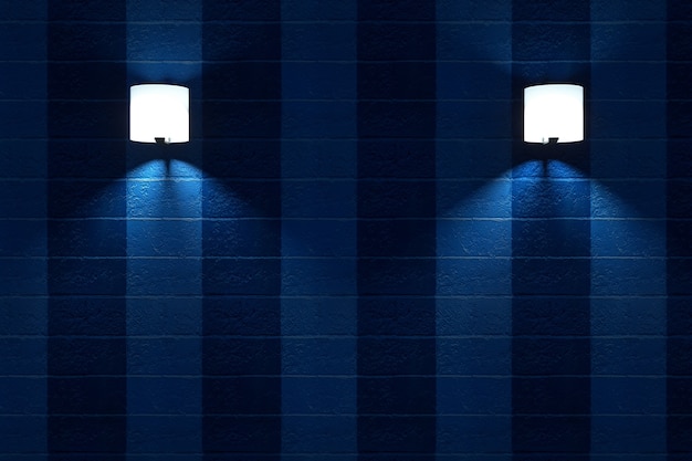 Square blue wall lamps illuminate a blue striped wall 3D graphics blue lighting of wall lamps