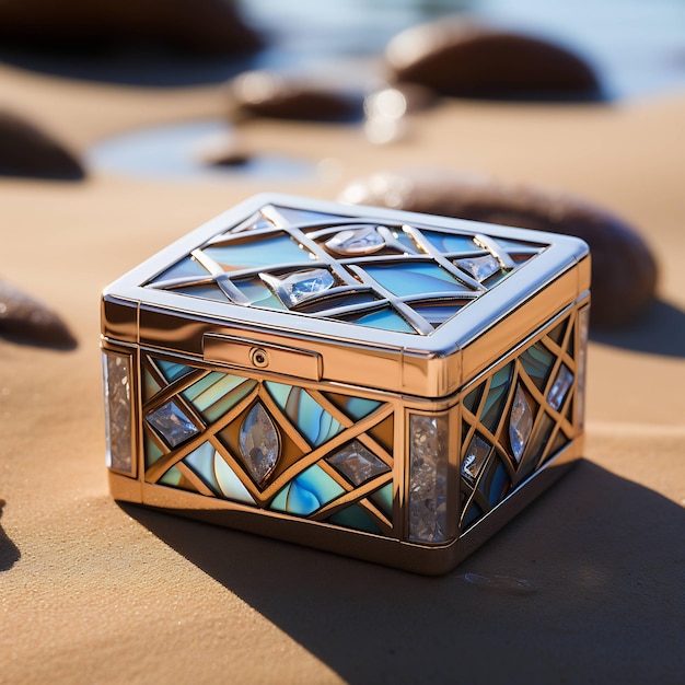 a square box with a diamond on it sits on a rock