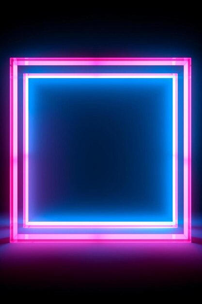 a square box with neon lights on the wall