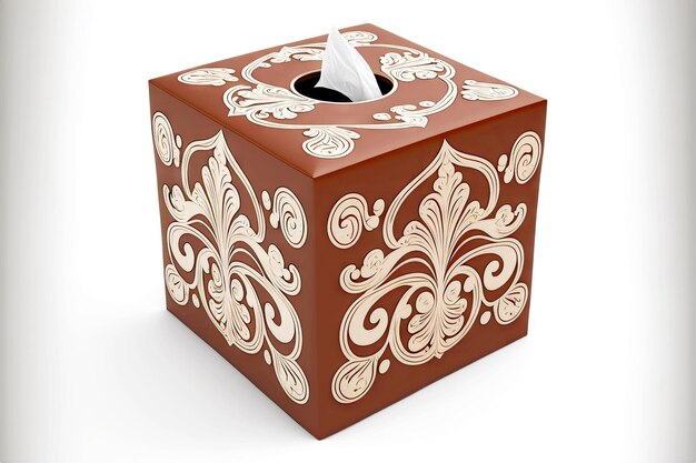 写真 白い背景に白い幸運の飾りと正方形の茶色のティッシュ ボックス