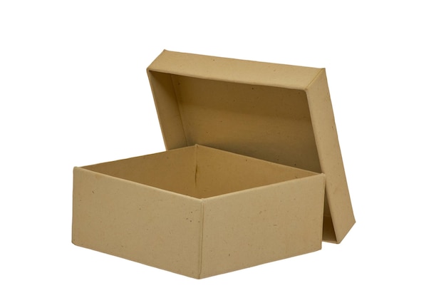 Square cardboard box with a lid on a white background