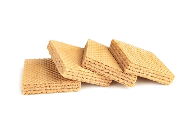 Square chocolate wafer biscuits isolated on white background. Top view.