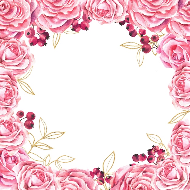 Foto composizione quadrata di rose rosa berris rami d'oro e farfalle su sfondo bianco illustrazione ad acquerello