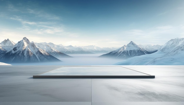 素晴らしい冬の雪山の風景を持つ正方形のコンクリートの床