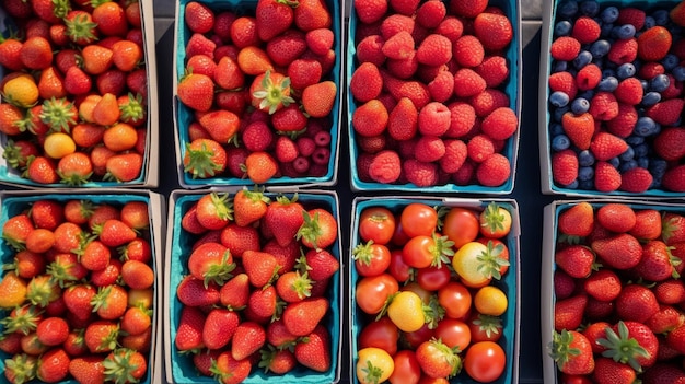 Square containers of colorful tomatoes and strawberries