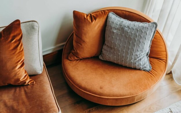 Square cushions in suede texture on a sofa