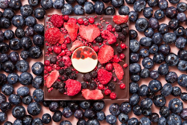 ブルーベリー ピンクの背景の正方形のダーク チョコレート イチゴとおいしいカラフルなチョコレート