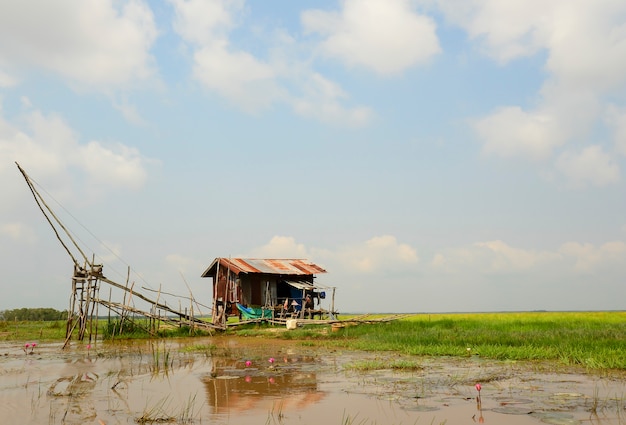Square dip net and fisherman's home at Phattalung