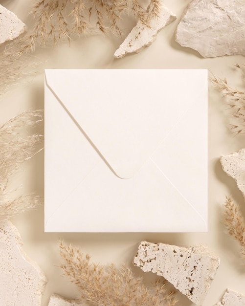 Square envelope near beige travertine stones and dried pampas grass top view greeting mockup