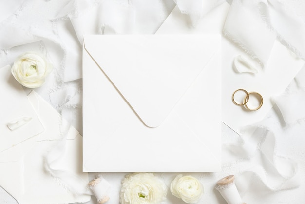 square envelope near roses white silk ribbons and wedding rings top view wedding mockup