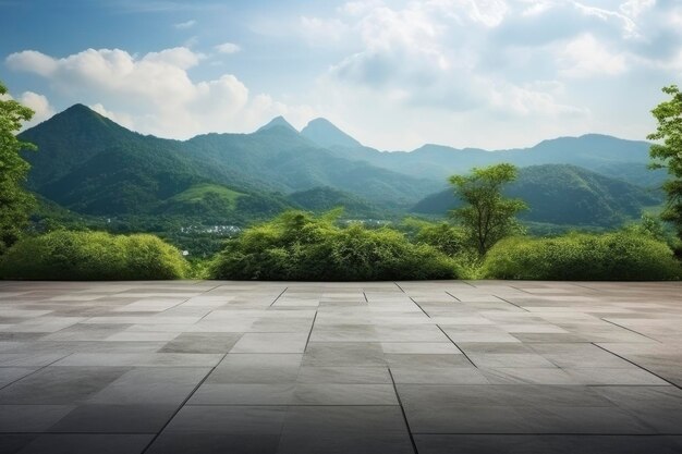 正方形の床と緑の山の自然の風景