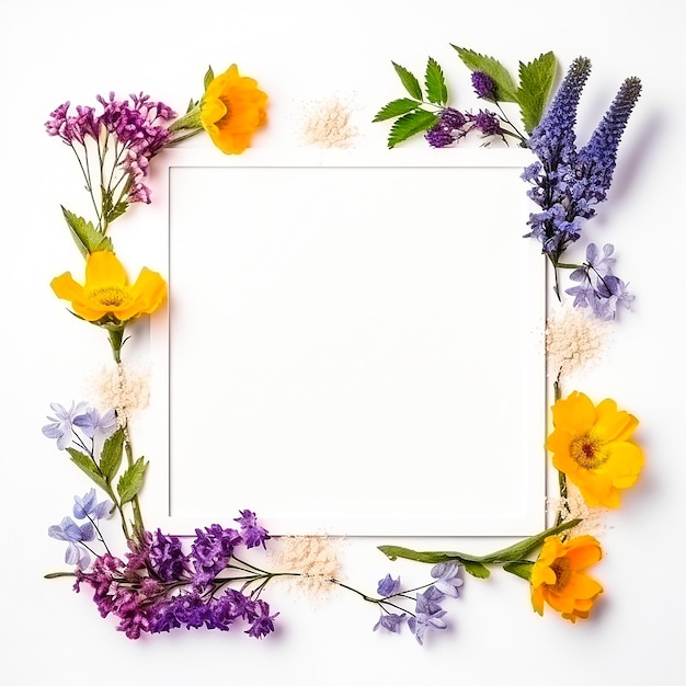 Square Floral Frame With Watercolor Flowers Border And Outlined Leaves Vector generate by AI