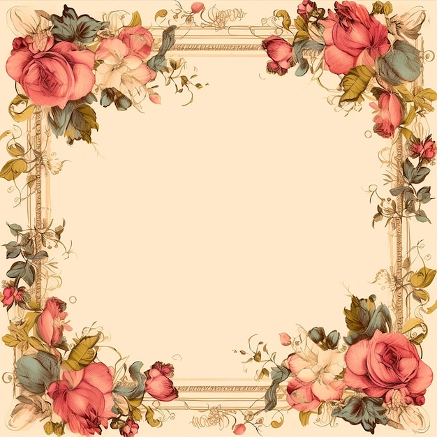 Square Floral Frame With Watercolor Flowers Border And Outlined Leaves Vector generate by AI
