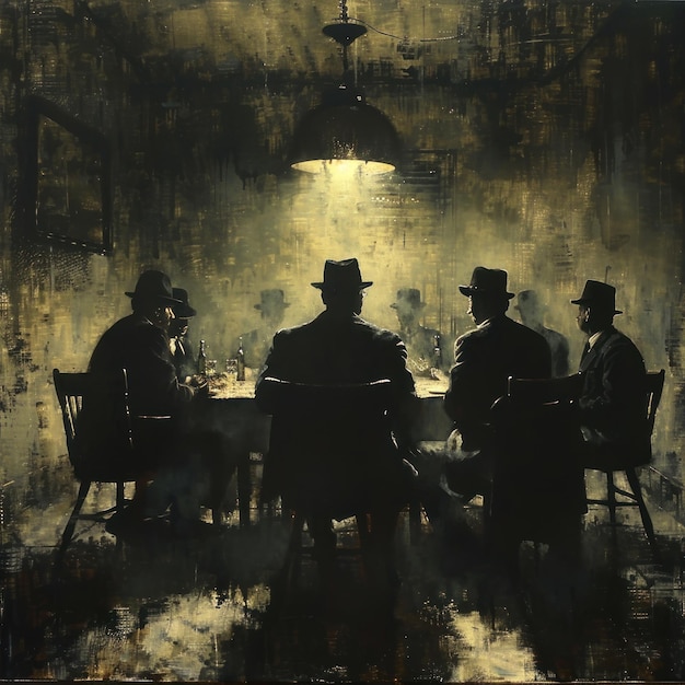 Square format of a mafia meeting shadowy figures in a room lit by dim