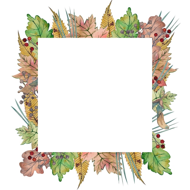 A square frame of autumn leaves berries and fir needles handpainted in watercolor.