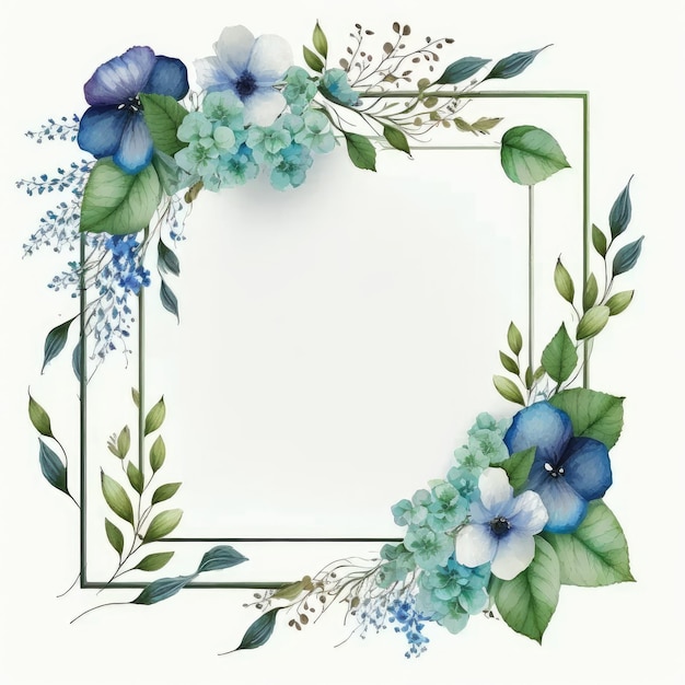 Square frame of blue flower and green leaves with watercolor painting