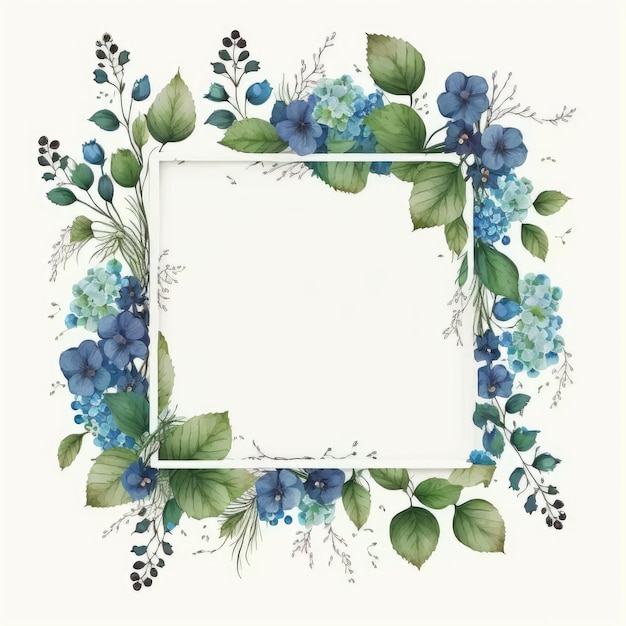 Square frame of blue flower and green leaves with watercolor painting