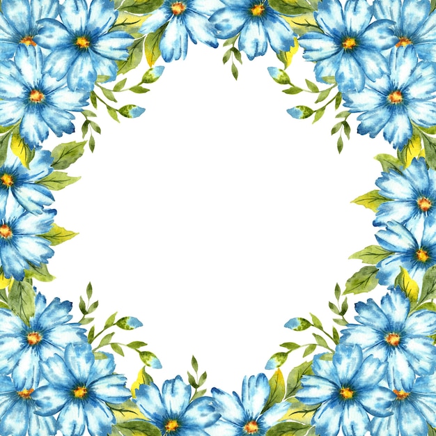 Square frame of blue watercolor flowers