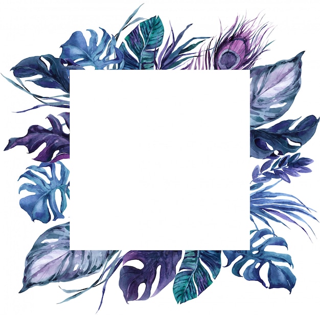Square Frame Exotic Bird feathers and tropical leaves Wreath