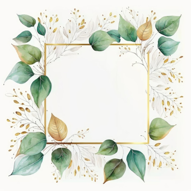 Square frame of green and golden leaves with watercolor painting