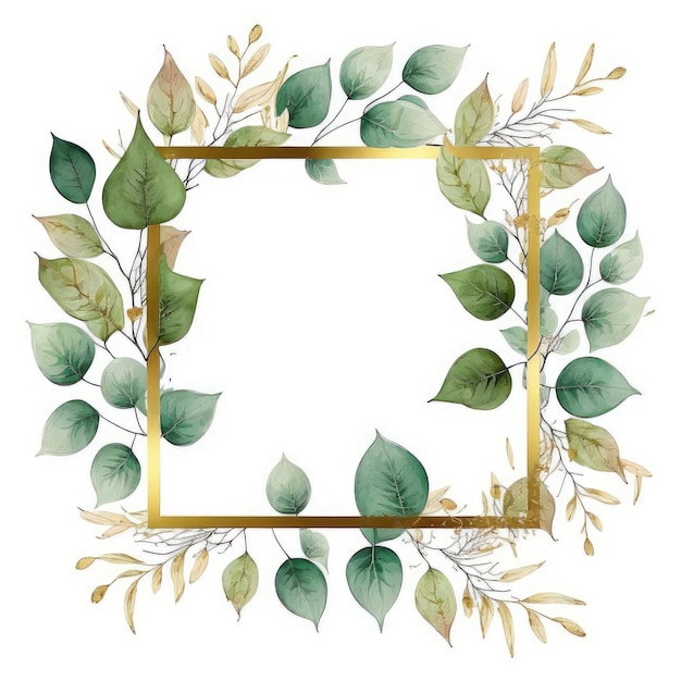 Square frame of green and golden leaves with watercolor painting