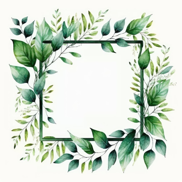 Square frame of green leaves with watercolor painting