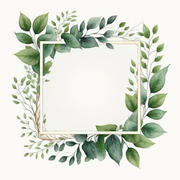 Photo square frame of green leaves with watercolor painting