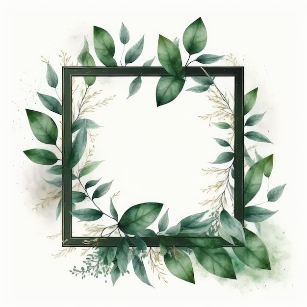 Square frame of green leaves with watercolor painting