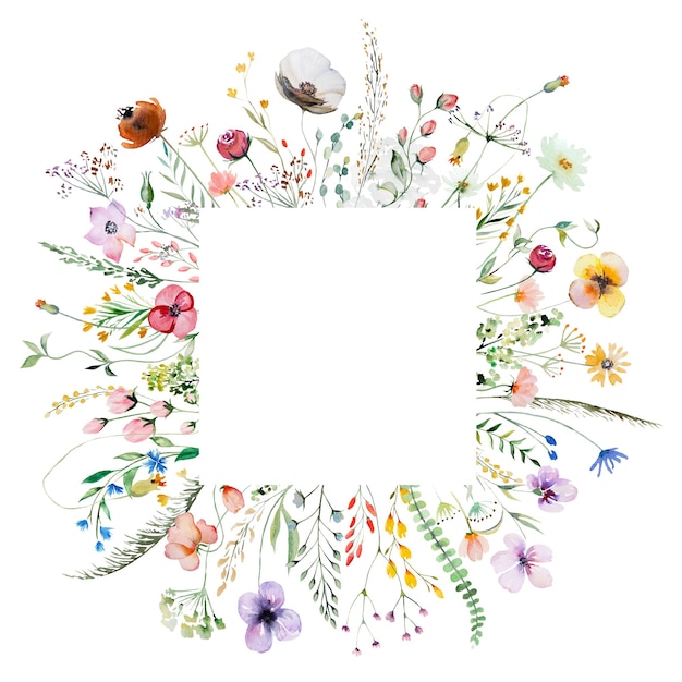 Square frame made of watercolor wildflowers and leaves wedding and greeting illustration