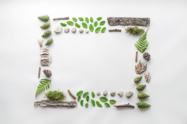 사각형 프레임, 나뭇잎, 돌 및 나무의 자연 레이아웃