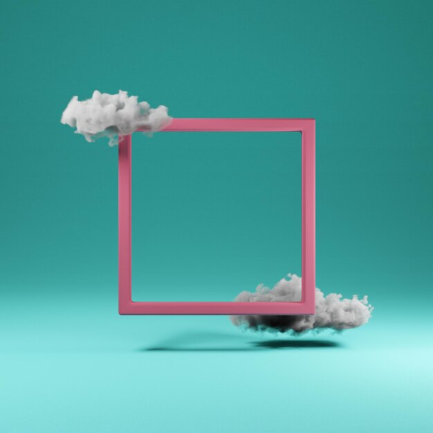 square frame in pink floating with clouds 3d render abstract background