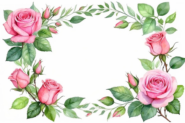 Square frame of pink roses Watercolor botanical illustration Isolated on a white background hand drawn flowers