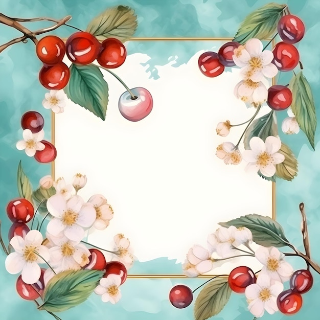 A square frame with berries and a cherry on it.