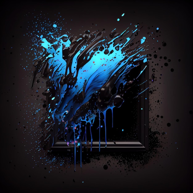 Photo a square frame with blue and black paint splashes on black background