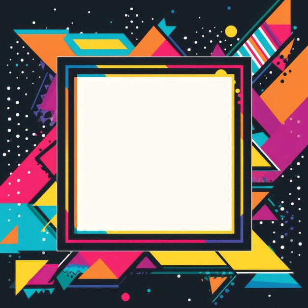 A square frame with colorful geometric shapes on a black background