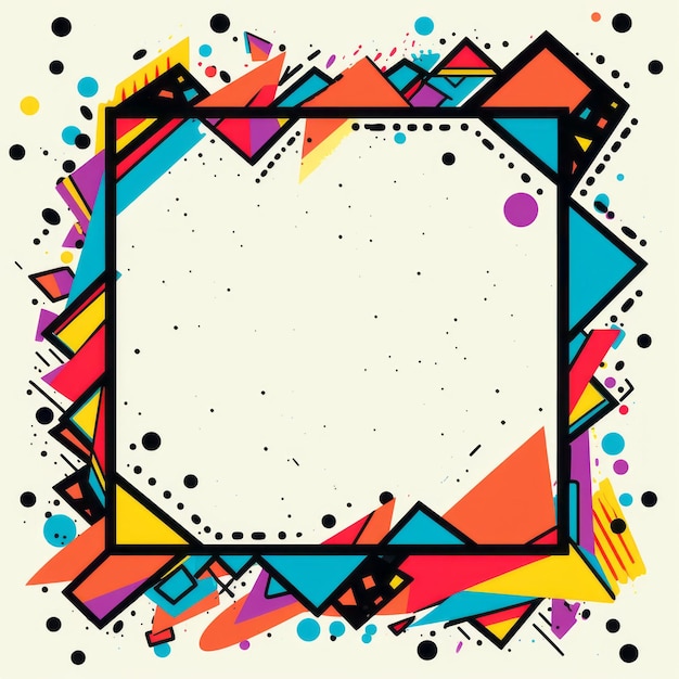 a square frame with colorful geometric shapes on a white background