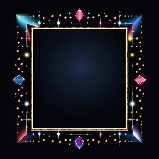Photo a square frame with diamonds and crystals on a black background