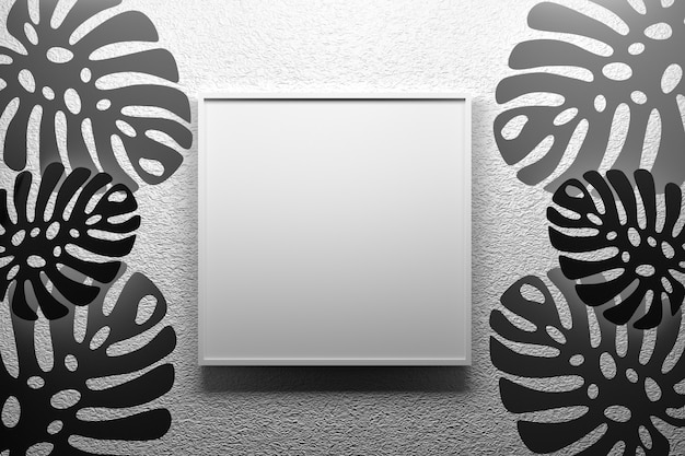 square frame with empty blank space hanging on textured wall with Monstera tropical leaves in black and white colors. 3d illustration.