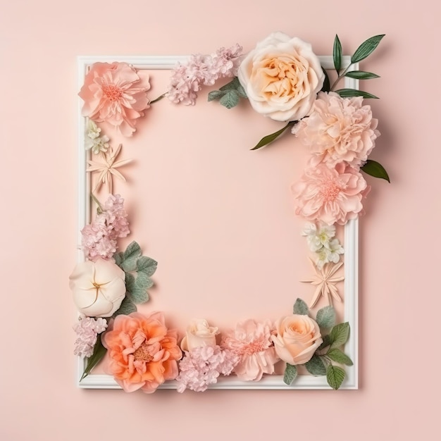 A square frame with flowers on a pink background