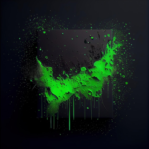Квадратная рамка с брызгами зеленой краски на черном фоне