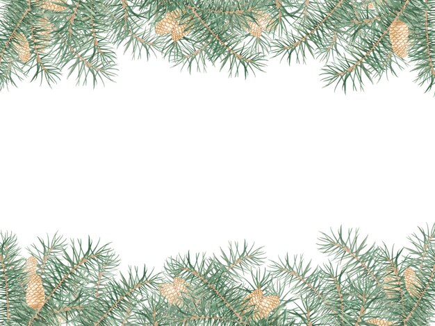 A square frame with pine branches and cones on a white background Watercolor illustration Christmas