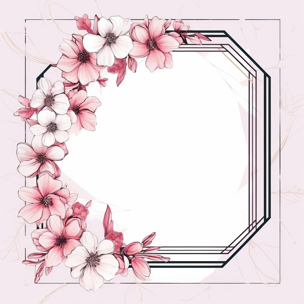 a square frame with pink flowers on a light pink background