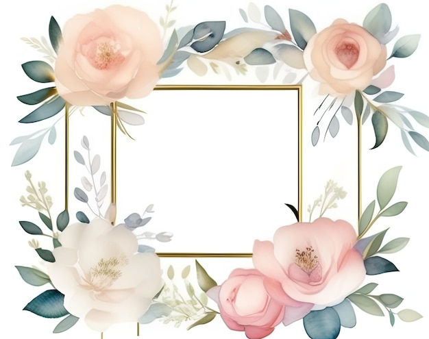 A square frame with pink roses and leaves.