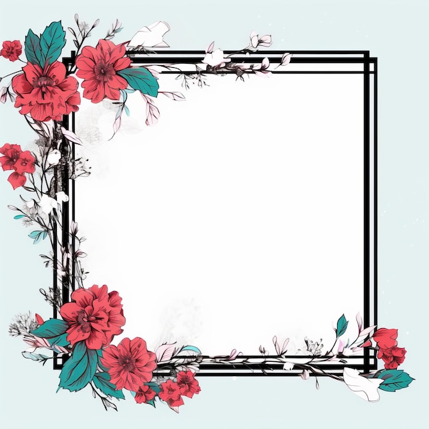 A square frame with red flowers on a blue background