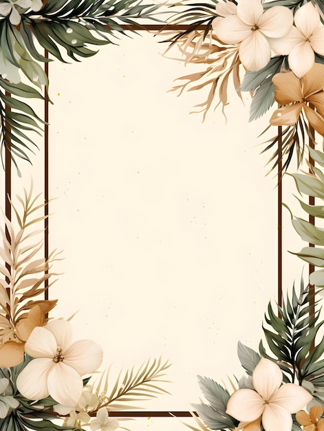 квадратная рамка с тропическими листьями и цветами. Абстрактный коричневый фон листвы с негативом.