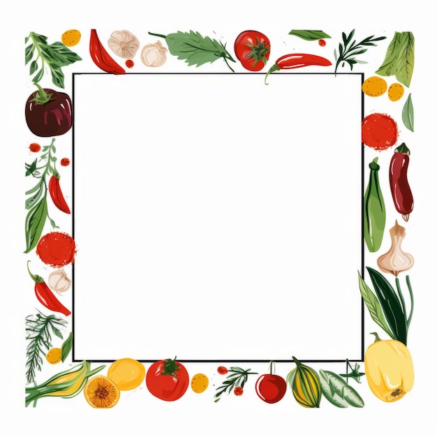 a square frame with vegetables and herbs on a white background