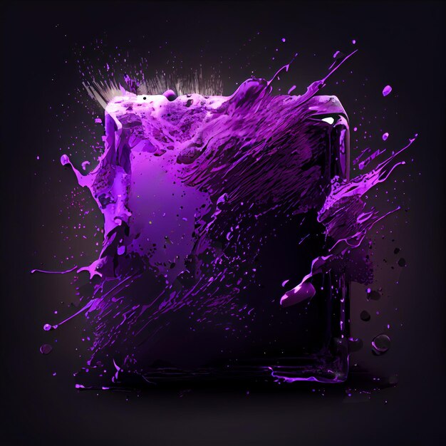 A square frame with violet paint splashes on black background