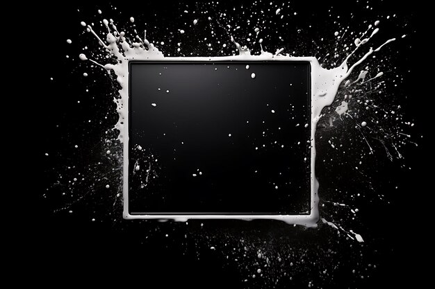 A square frame with white paint splashes on black background